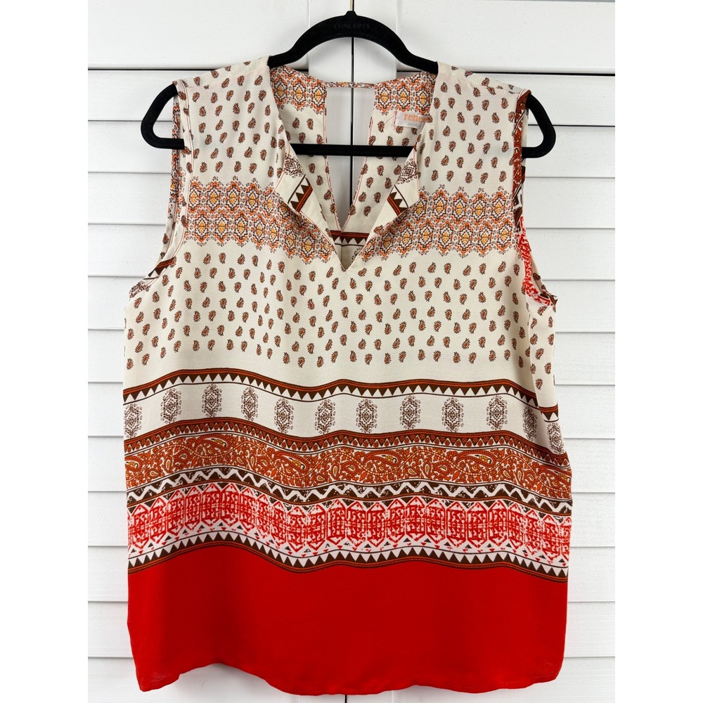 Renee C Sleeveless Blouse‎ Womens XL Orange Paisley Boho Print V-Neck